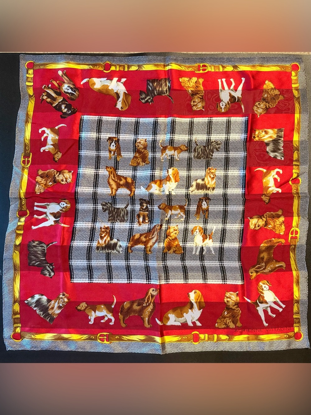 Adrienne Vittadini Dog Breed Silk Scarf Red Black White Beagle Yorkie Boxer +